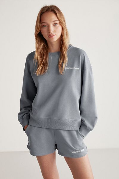 GRIMELANGE Jennıfer Women's Organic Cotton Embroidered Round Neck Oversize Gray Sweatshirt