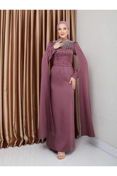 Olcay Satin Hijab Evening Dress with Stone and Cape Detail, Dried Rose 1228