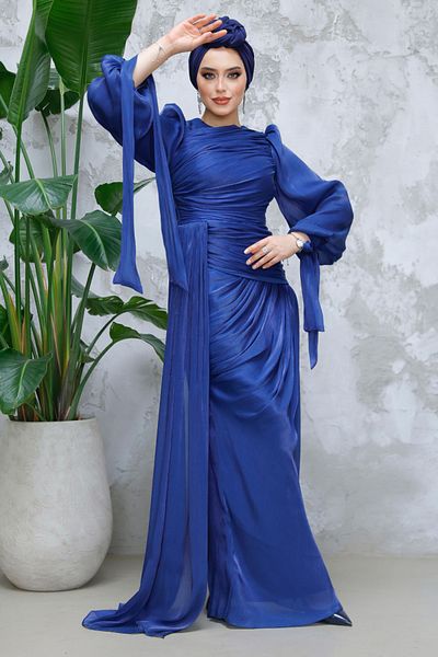 Neva Style Βραδινό φόρεμα Hijab Navy Blue με λεπτομέρεια ουράς 48491l