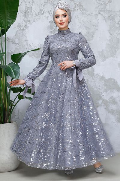Neva Style - Sequin Beading Embroidered Grey Hijab Evening Dress 4908Gr