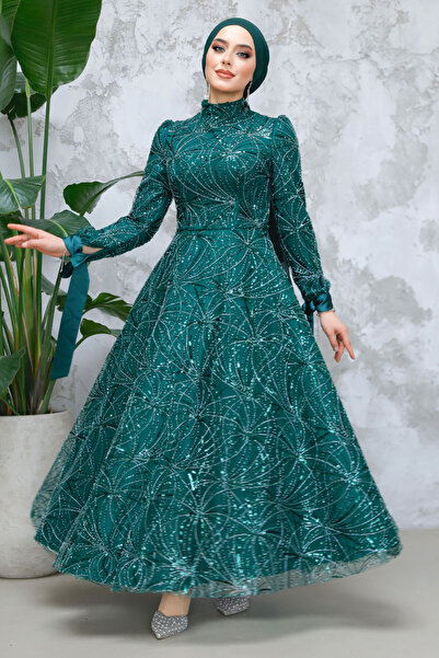 Neva Style - Rochie de seară hijab verde smarald brodat cu mărgele paiete 4908zy