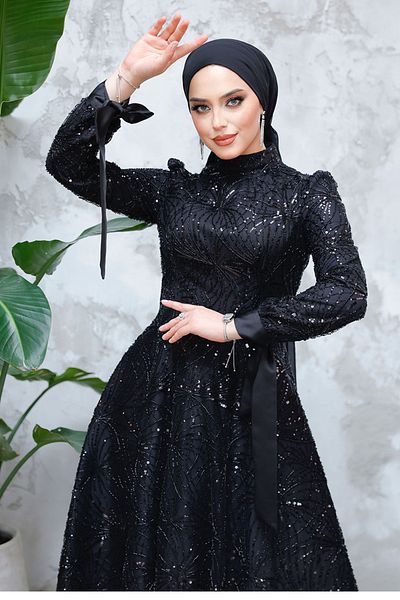 Neva Style - Sequin Beaded Black Hijab Evening Dress 4908S