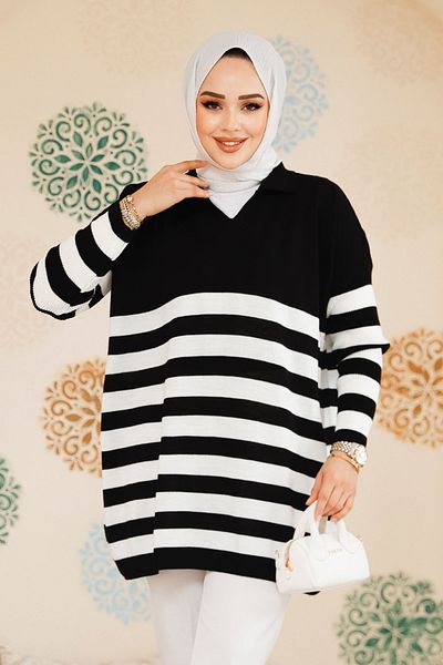 Neva Style Tunica pulover din tricotaje hijab negre cu dungi 53401S