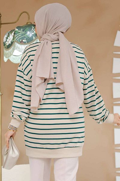 Neva Style تونيك حجاب مخطط باللون الأخضر - 30175Y
