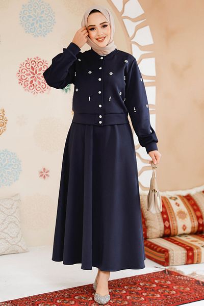 Neva Style Διακοσμημένη με χάντρες Navy Blue Hijab Φούστα Διπλό Σετ 1277L
