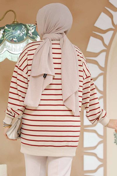 Neva Style Tunica Hijab cu dungi rosii Claret - 30175BR