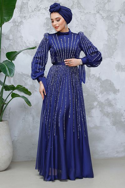 Neva Style - Sequin Bead Embroidered Navy Blue Hijab Evening Dress 47961L