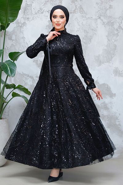 Neva Style - Sequin Beaded Black Hijab Evening Dress 4908S