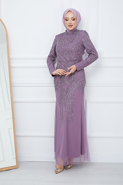 Olcay Beaded and Stone Clothed Tulle Hijab Evening Dress LILA 1663