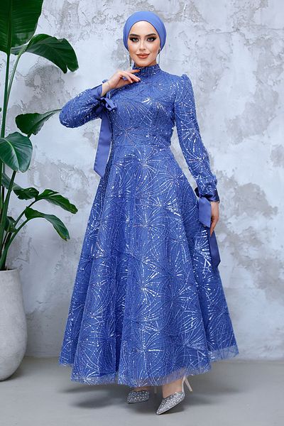 Neva Style - Sequin Bead Embroidered Indigo Blue Hijab Evening Dress 4908ım