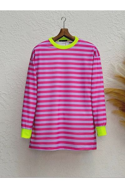 Modamorfo Bunt gestreifter Rundhalsausschnitt – Fuchsia