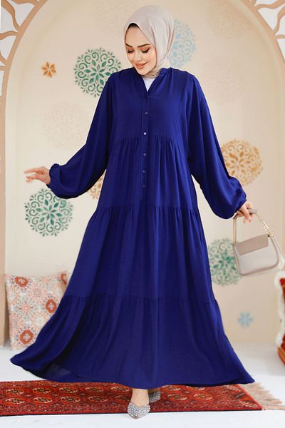 Neva Style Navy Blue Hijab Layered Pleated Dress - 20612L