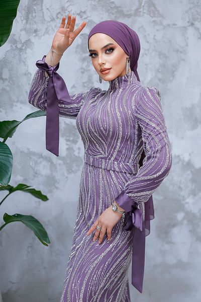Neva Style - Rochie de seară hijab liliac închis brodat cu mărgele paiete 4764klıla