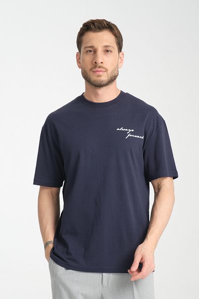 Frappoli Ανδρικό μπλουζάκι Navy Blue 100% βαμβακερό με λεπτή εφαρμογή με λαιμόκοψη Always Forward Series