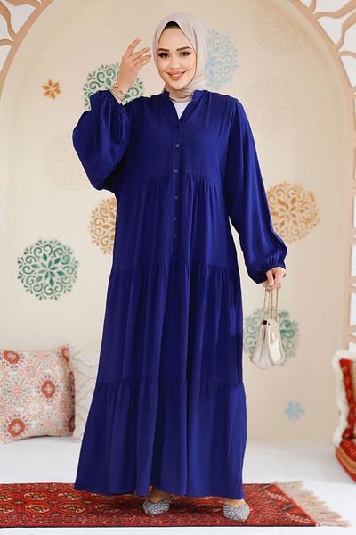 Neva Style Navy Blue Hijab Layered Pleated Dress - 20612L