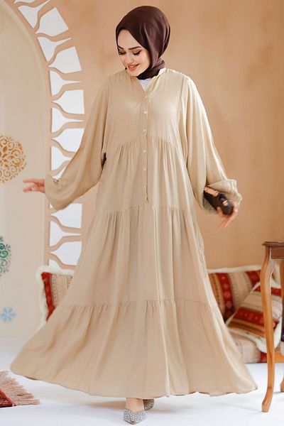 Neva Style Rochie plisată Hijab Bej - 20612BEIG