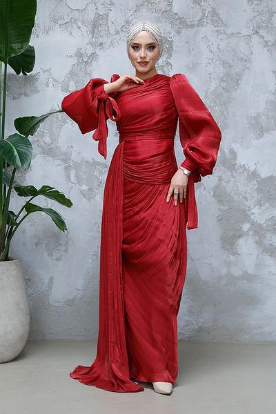 Neva Style Rochie de seară cu hijab burgundă cu detaliu de coadă 48491br