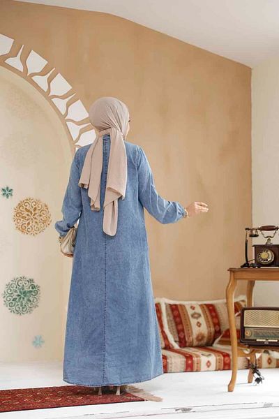 Neva Style Rochie hijab albastru închis din denim cu nasturi 19137KM