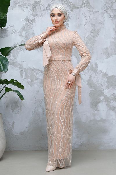 Neva Style - Sequin Beading Embroidered Salmon Hijab Evening Dress 4764Smn