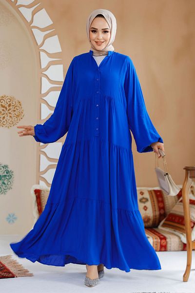 Neva Style Rochie Hijab Albastru Sax Pliat Pliat 20612SX