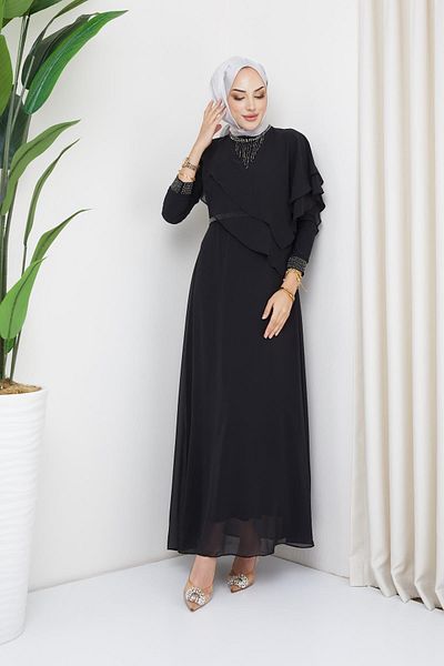 Olcay Βραδινό φόρεμα Hijab από πέτρα και σφόνδυλο ΜΑΥΡΟ 1651