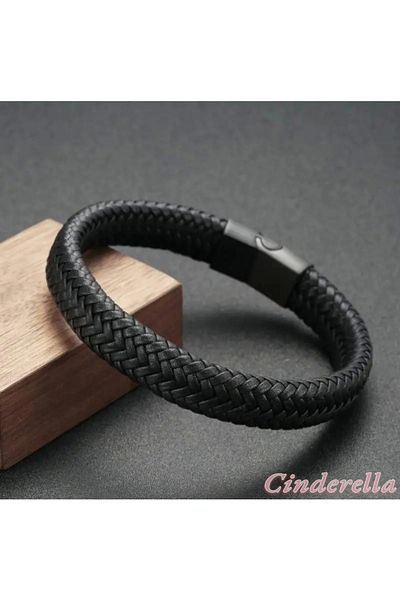 Cinderella Straw Weave Black Leather Bracelet - Locked Model
