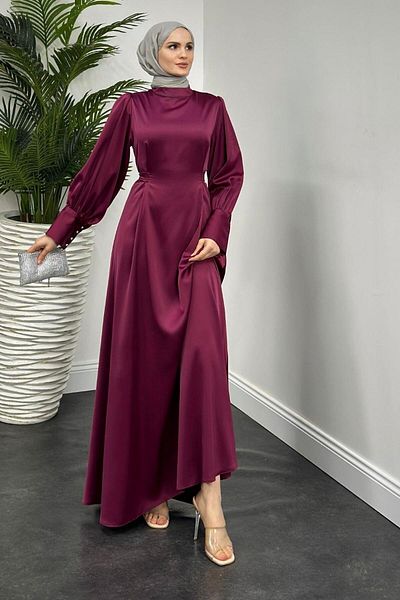 MERVEN AKYÜZ Satin Emora Belted Dress - Plum