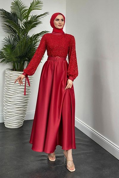 MERVEN AKYÜZ Red Axillary Beaded Evening Dress