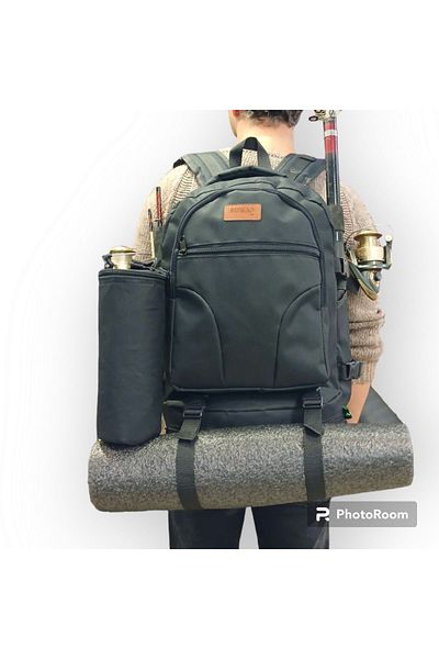 ROWAN ÇANTA Black Camping, Fishing and Travel Backpack with Thermal Thermos Bag, Dimensions 56*34*27 cm