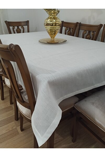 AHSERHOME Keten Görünümlü Simli Linen Masa Örtüsü Krem
