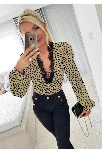 MRA Fashion    Women's Long Sleeve Front Deep Lace Neck Leopard Print Diver Blouse