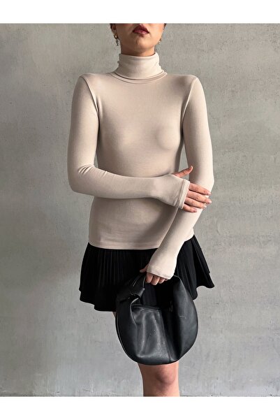 BEJNA Women's Finger Detailed Turtleneck Soft Blouse