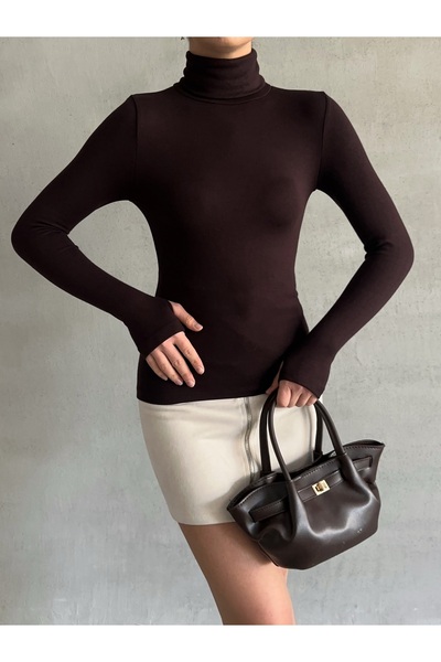 BEJNA Women's Finger Detailed Turtleneck Soft Blouse