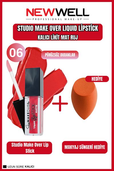 New Well Newwell Make over Studio Liquid Lipstick 06 & Makeup Sponge Gift