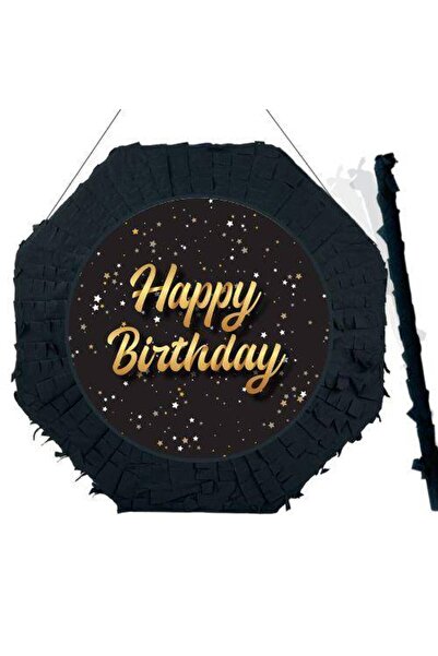 Parti Dükkanım Happy Birthday Siyah Gold Pinyata 42 Cm + Sopası