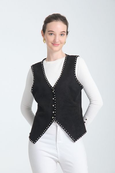 Wissi Life Scuba Suede V-Neck Tasli Button Black Vest