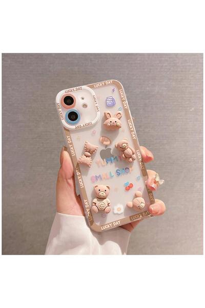 Zebana Apple iPhone 11 Uyumlu Kılıf Bear and Rabbit Silikon Kılıf Kahverengi