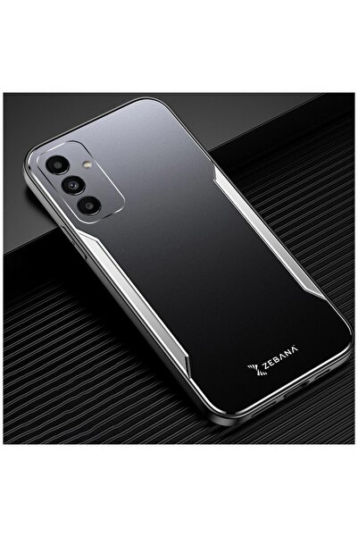 Zebana Samsung Galaxy A14 Uyumlu Kılıf Metal Mitras Kılıf (Silikon Kenar) Gri