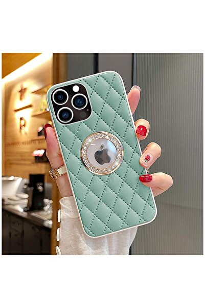 Zebana Apple iPhone 15 Pro Max Uyumlu Kılıf Zebana Diamond Deri Kılıf Açık Yeşil