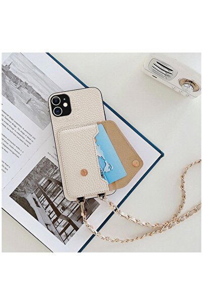 Zebana Apple iPhone 11 Uyumlu Kılıf Boyun Askılı Deri Kılıf Krem Rengi