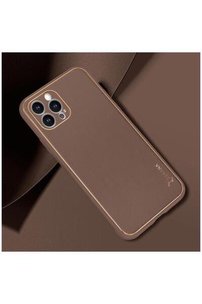 Zebana Apple iPhone 12 Pro Max Compatible Case Gold Design Leather Case Brown