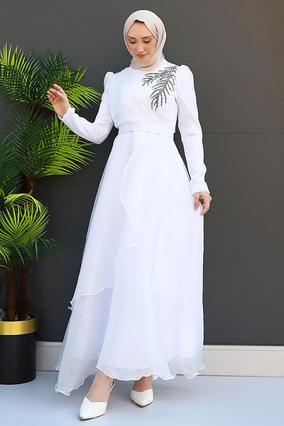 GİYZAMİLA Βραδινό φόρεμα Stoned Organza Λευκό
