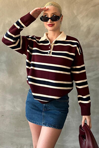 KAŞİHA Burgundy Striped Buttoned Polo Neck Women's Knitwear Sweater Mg2280