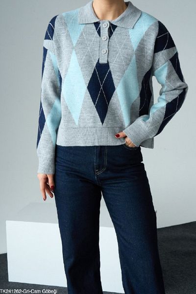 Nisantasimoda Women's Diamond Patterned Polo Neck Sweater