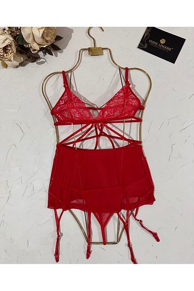 İntive Lingerie Intive Fantasy Front Cut-Out Detailed Transparent Skirted Lace Nightgown with Garter Belt