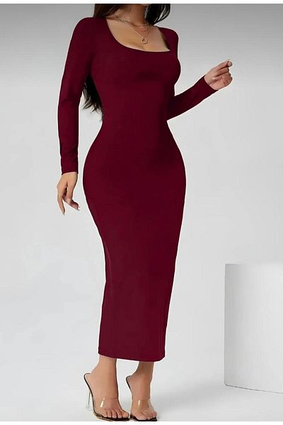 MEGOMEL Rochie lungă din Lycra cu mânecă lungă cu guler pătrat burgundy