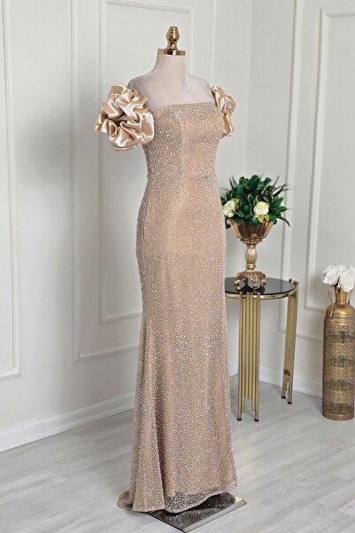 Yonca Moda Evi Gold Konik Taş Balonkol Abiye 2813