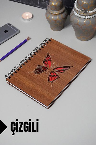 markcat Butterfly Themed Lined Notebook with Wooden Cover - Agenda and School Notebook (A5 - 120 Pages)