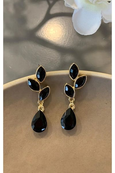 mos&more Black Gold Crystal Stone Leaf Earrings
