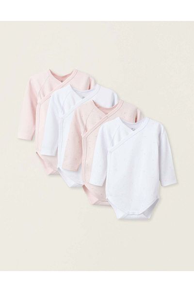 Ziddy PACK OF 4 LONG SLEEVE BODYSUITS FOR BABY GIRLS 'MOON' WHITE/PINK